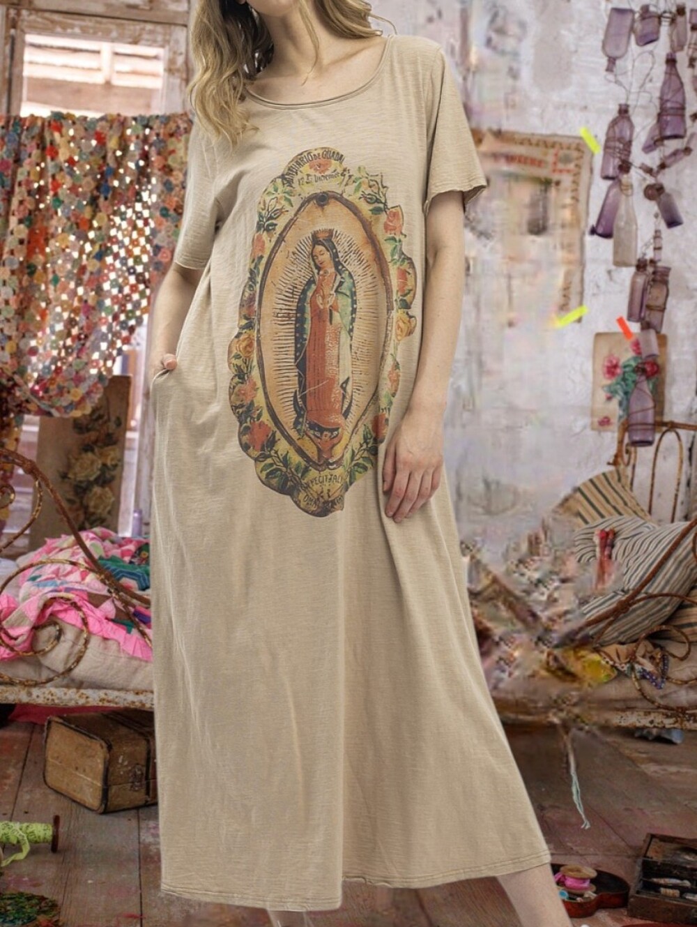 Magnolia Style Free Relaxed Beige Bohemian Long boho Maxi Dress with Pockets S . - Picture 3 of 16